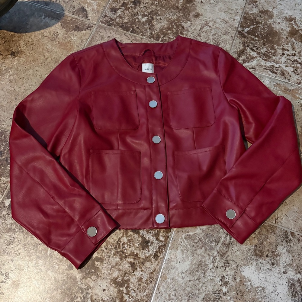 MAEVE Cora Patch Pocket Jacket Faux Leather Size Large Burgundy Red - Picture 3 of 9